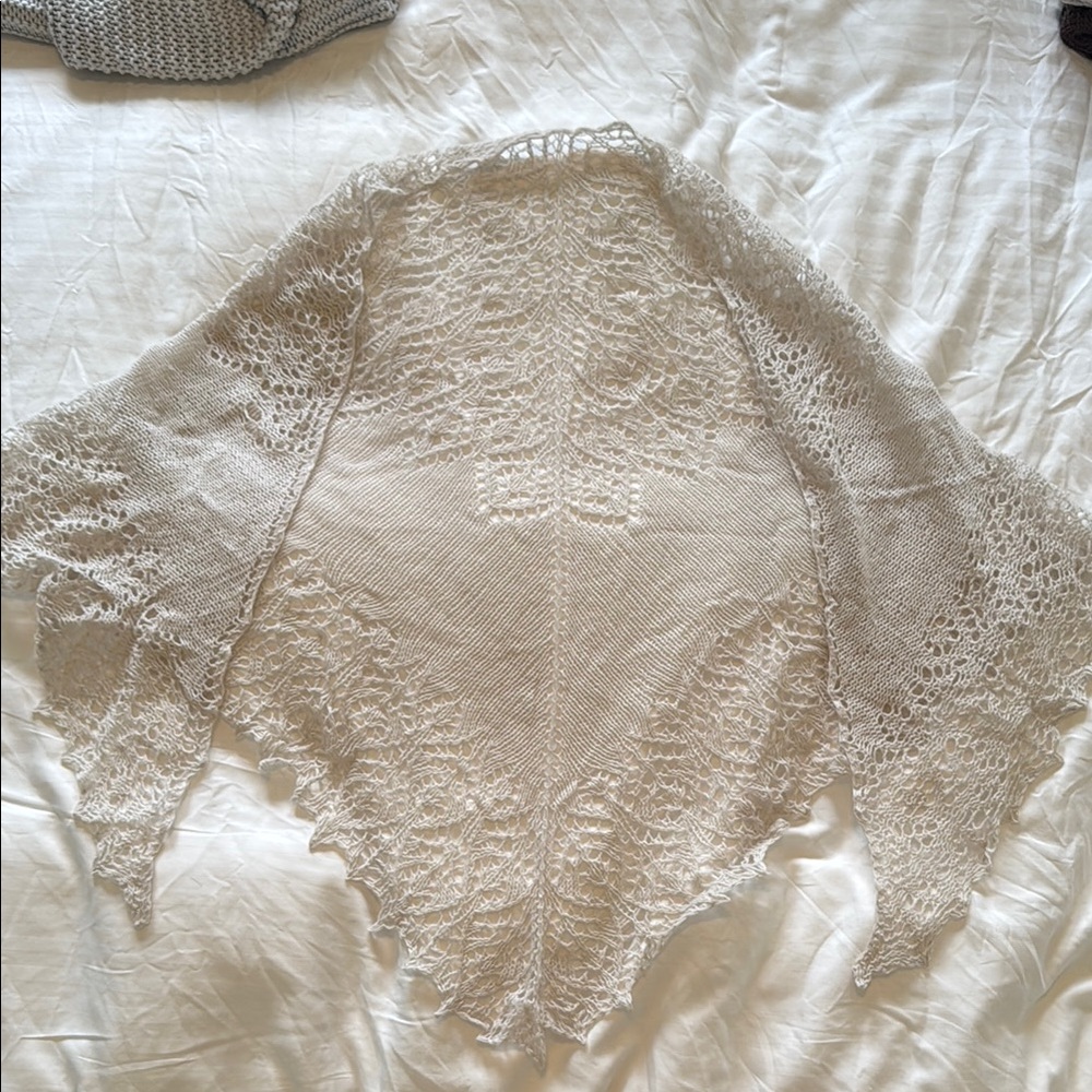 Hand Made Cream Grey Lace Crochet Shawl Scarf